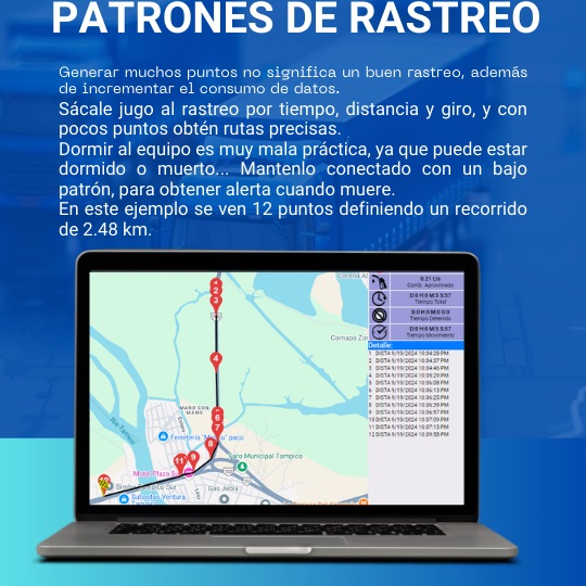 Generar muchos puntos no significa un buen rastreo, además de incrementar el consumo de datos. Sácale jugo al rastreo por tiempo, distancia y giro, y con pocos puntos obtén rutas precisas. Dormir al equipo es muy mala práctica, ya que puede estar dormido o muerto... Mantenlo conectado con un bajo patrón, para obtener alerta cuando muere. En este ejemplo se ven 12 puntos definiendo un recorrido de 2.48 km.